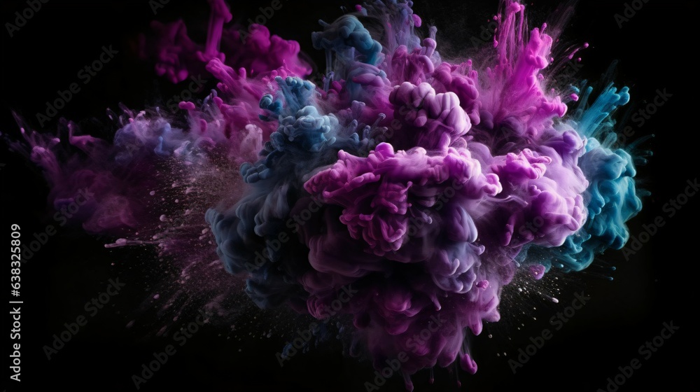 A Flourish of purple and grey Paint Splashes Ignites a Fantasy Explosion on a black Abstract Canvas, Enveloping Free Space in Creative Energy. Generative AI A Flourish of purple and grey Paint Splashes Ignites a Fantasy Explosion on a black Abstract Canvas, Enveloping Free Space in Creative Energy. Generative AI