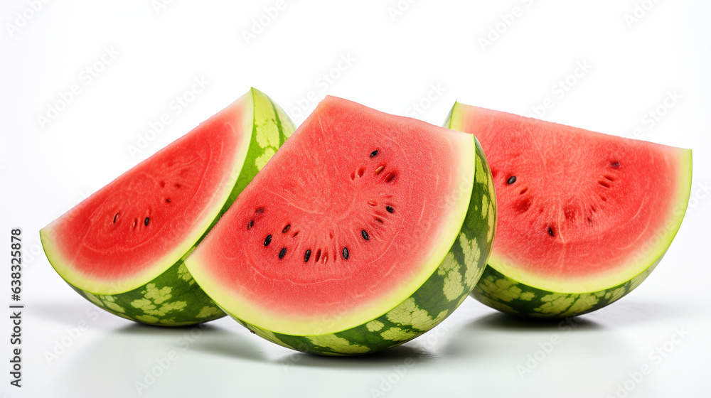 A watermelons and 1 watermelon halved, watermelon juice, white background A watermelons and 1 watermelon halved, watermelon juice, white background