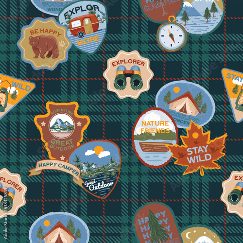 Seamless pattern Cute Outdoor Summer Camp Patches ,Badge Hand drawn and vector Illustration