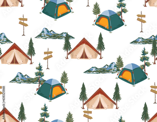 Happy Camper  in forest. with animal and Equipment Weekend, vacation on nature. Seamless pattern Vector illustration