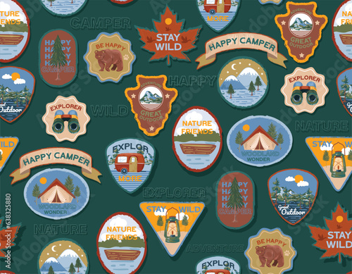 Seamless pattern Cute Outdoor Summer Camp Patches ,Badge Hand drawn and vector Illustration
