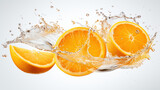 An 2 oranges and 1 orange halved, orange juice splash, white background,