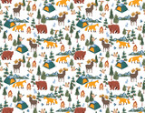 Happy Camper  in forest. with animal and Equipment Weekend, vacation on nature. Seamless pattern Vector illustration