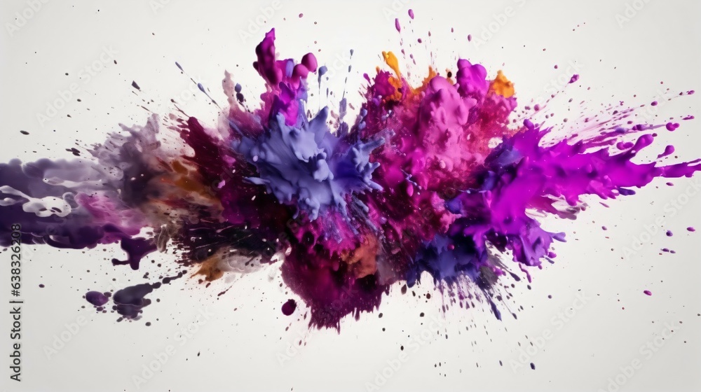 A Flourish of purple Paint Splashes Ignites a Fantasy Explosion on a white Abstract Canvas, Enveloping Free Space in Creative Energy. Generative AI
