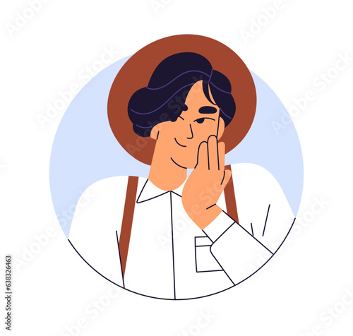 Young man, face portrait. Happy stylish Asian guy giggling, covering mouth with hand. Smiling person in hat, shy coy laugh, head avatar. Flat vector illustration isolated on white background