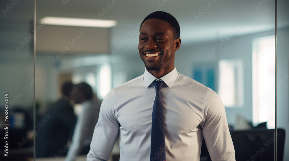 A photorealism of black man dressed for work happy tie in front of mirror A photorealism of black man dressed for work happy tie in front of mirror