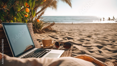 A Young woman using a laptop computer. Girl lying on the beach. Freelance girls work remotely. Freelance work. Online learning.