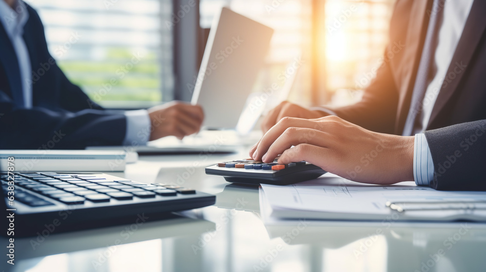 A Close-up of accountant's hand using calculator and computer in office panoramic banner, finance and accounting concept. A Close-up of accountant's hand using calculator and computer in office panoramic banner, finance and accounting concept.