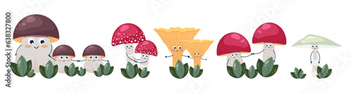 Set Funny mushrooms with faces, Childrens cartoon characters Edible and inedible mushrooms, Vector illustration.