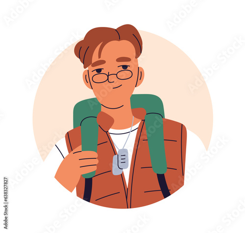 Young man with backpack, face portrait. Student in eyeglasses, head avatar in circle. Hiker, backpacker, tourist with bag, knapsack, rucksack. Flat vector illustration isolated on white background