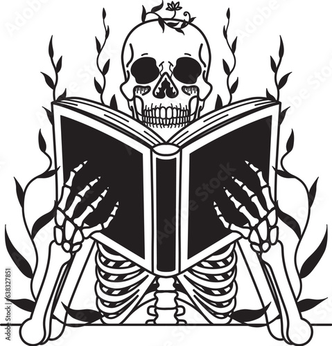 Skeleton holding book for design element. Vector illustration. Editable stroke thickness.