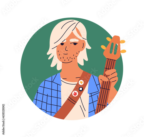 Guitar player, young man face avatar. Cool musician guitarist, head portrait....