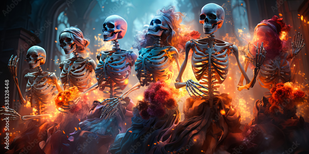 illustration of festive dressed skeletons at ball, costume Halloween party illustration of festive dressed skeletons at ball, costume Halloween party