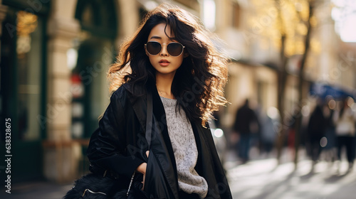 A Beautiful Young Asian Woman Black Fur Coat Black Leather bag, Sunglasses, white Sneakers.