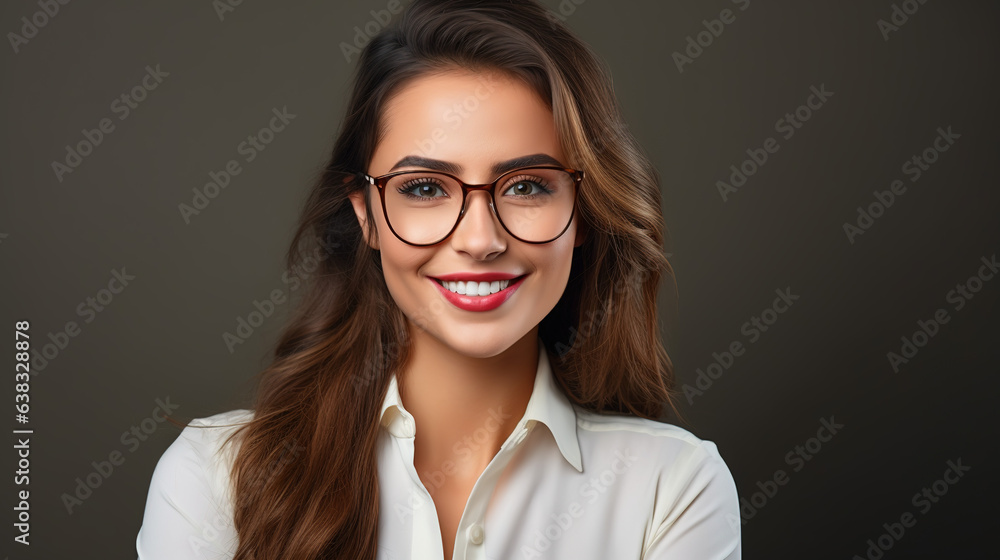 AYoung beautiful woman isolated portrait. Student girl wearing glasses closeup studio shot, Young businesswoman smiling indoor, People, beauty, student lifestyle