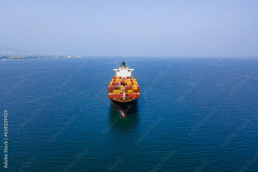 Container cargo vessel ship shipping import export cargo, sea transport logistics carriage, Aerial shot