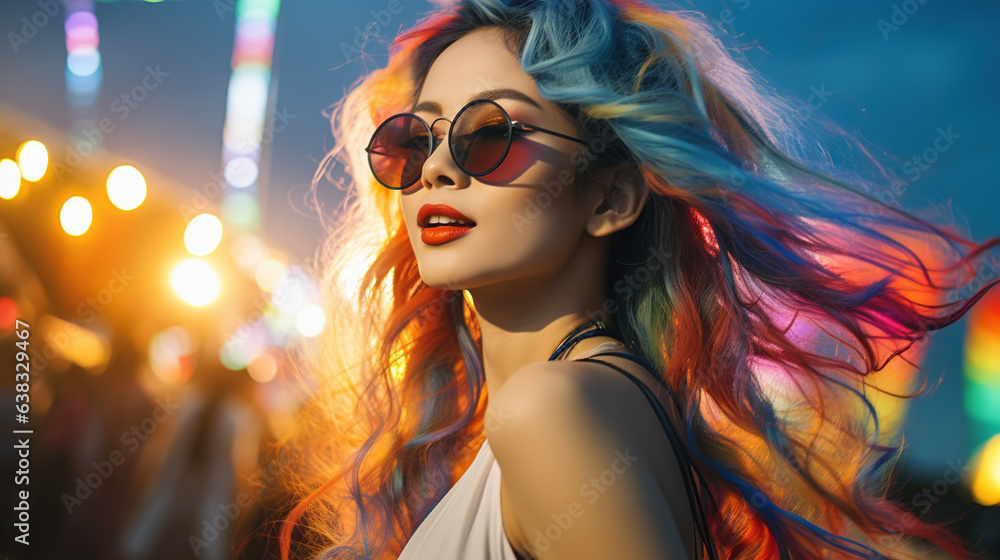 A Beautiful Asian Girl, Colorful Hair, bright Face, Long hair, wearing a White V-neck dress, Music Festival, Light festival, beautiful face, Outstanding Glasses, real photo