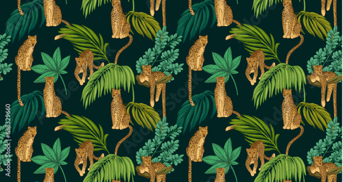 Seamless tropical pattern with leopards and green palm leaves. Hand drawn summer jungle vector surface design.