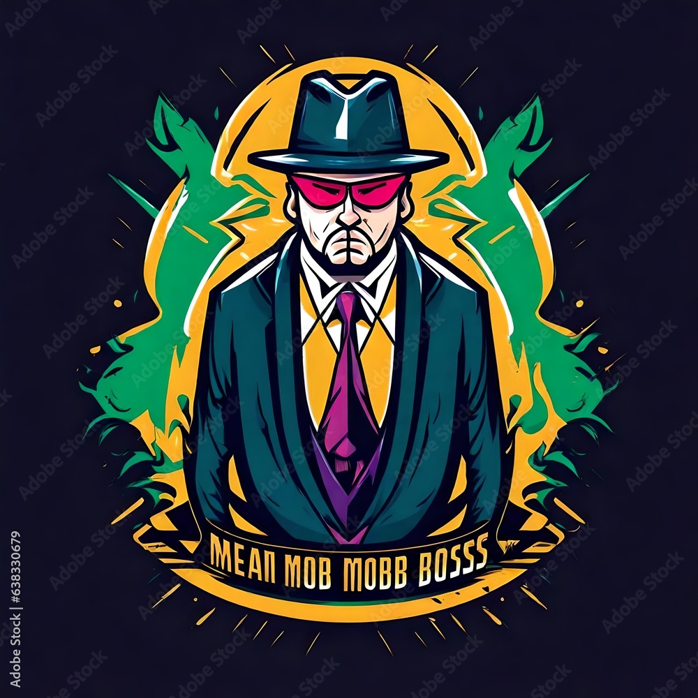A logo for a business or sports team featuring a fictional caricature of a mean mob mafia boss that is suitable for a t-shirt graphic.
