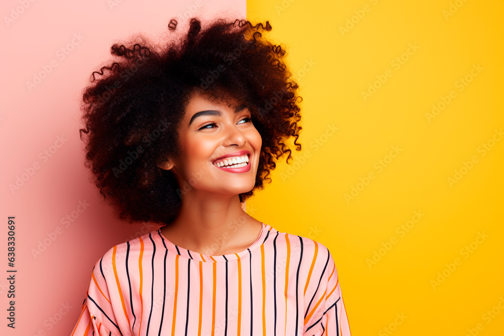 beautiful woman with afro hair smiling on bright background, smiling portrait. Africa, America. illustration generated with AI beautiful woman with afro hair smiling on bright background, smiling portrait. Africa, America. illustration generated with AI