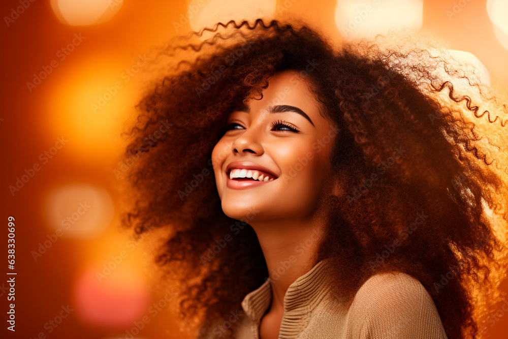 Fototapeta premium beautiful woman with afro hair smiling on bright background, smiling portrait. Africa, America. illustration generated with AI
