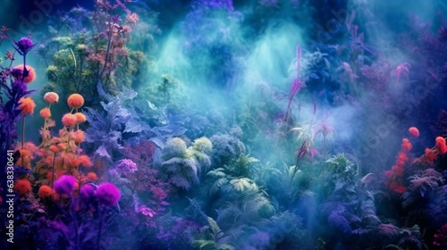 Mystical Moonlit Garden: Enchanting Colors, Hypnotic Smoke, and Dynamic Laser Show in High-Contrast EDM Photography.. Generative AI