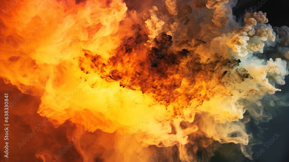 Fiery Sunset of Orange, Gold, and Amber Smoke Bombs Burst, Perfect for Explosive Event Promotions, Dynamic Visual Displays, Event Celebration, and Festive Concept. Generative AI