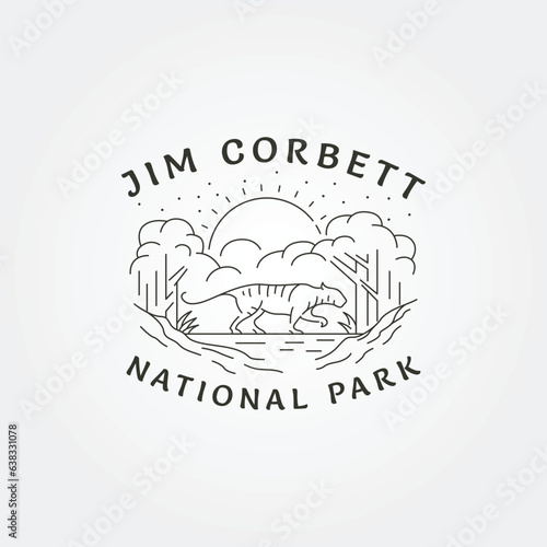 jim corbett national park vintage line art logo design, tiger symbol in forest logo outdoor design photo