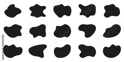 Irregular Organic Shape On White Background. Fluid Splodge. Random Circle Blob Collection. Black Round Liquid Silhouette Form. Asymmetric Blotch Set. Isolated Vector Illustration