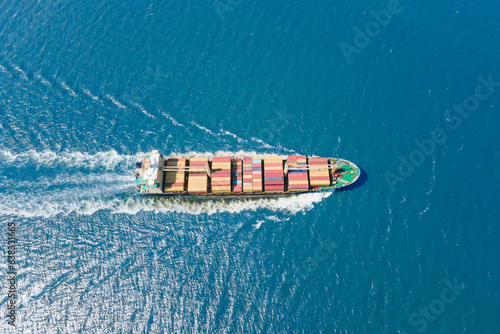 Loaded container ship cruising open ocean sea for logistics import export, aerial shot