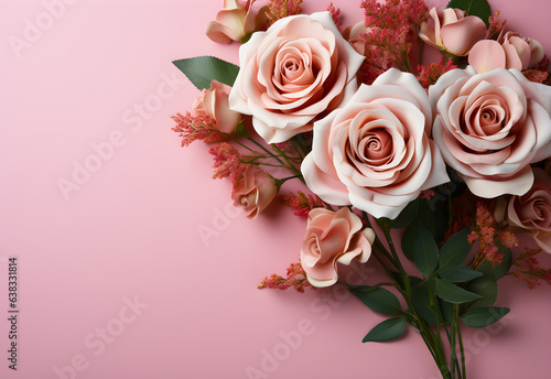 Beautiful bouquet of pink roses on pink background, flat lay © Chayan