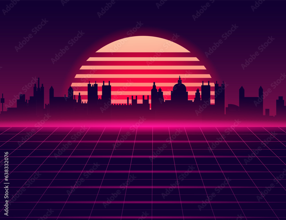 Retro futuristic synthwave retrowave styled night cityscape with sunset on background. Neon sunset style 80. Retro wave music. Vector illustration.