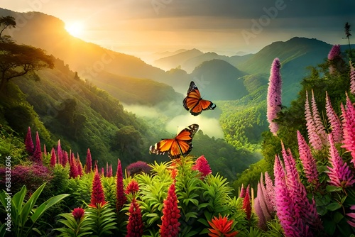 Colorful butterflies fluttering among tropical flowers in the jungle generated by AI tool