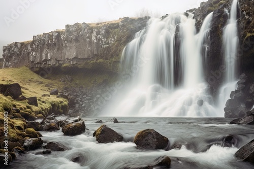 Icelandic elegance. Captivating waterfall amidst nature beauty. Majestic in heart of iceland. Epic adventure. Exploring breathtaking landscape