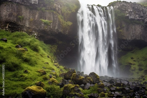 Icelandic elegance. Captivating waterfall amidst nature beauty. Majestic in heart of iceland. Epic adventure. Exploring breathtaking landscape