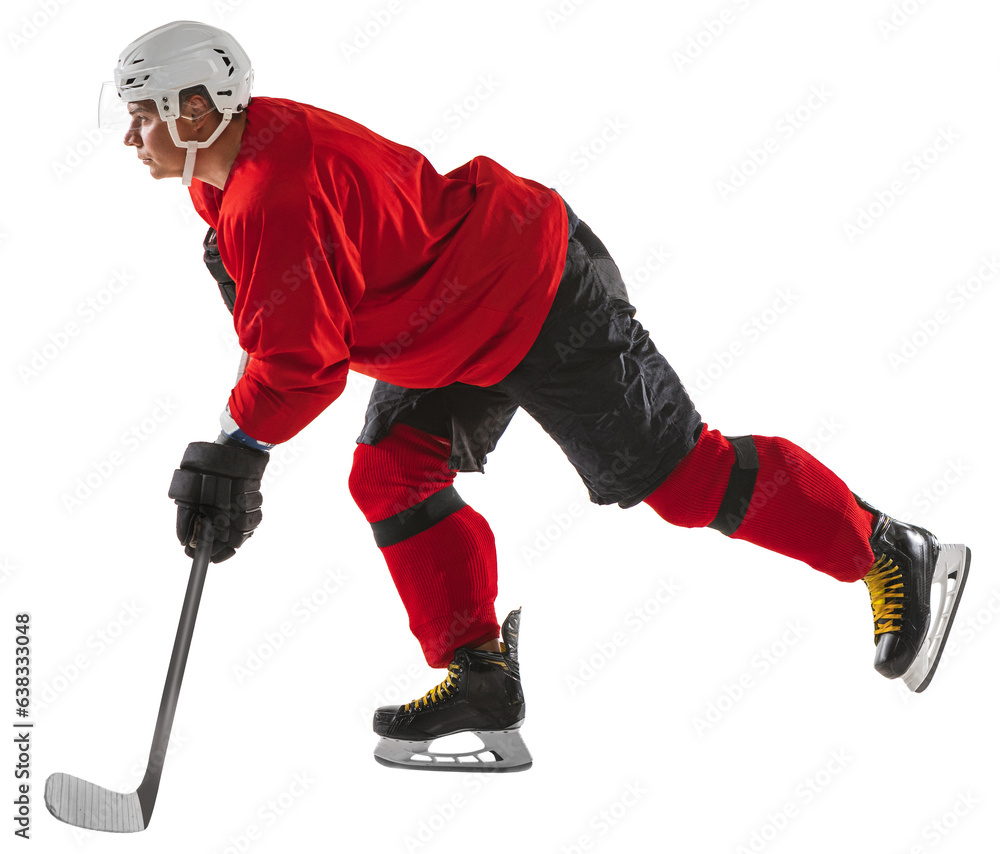 Obraz premium Motivated man, hockey player in uniform and helmet, in motion with stick during game isolated on transparent background
