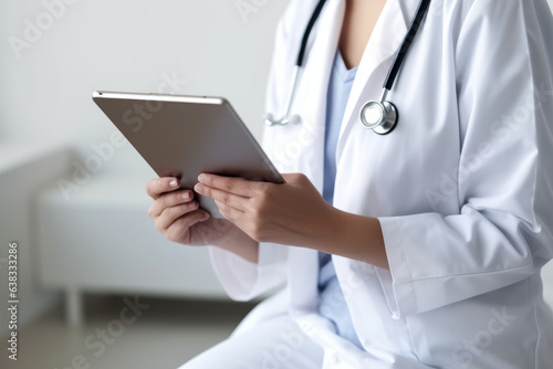Doctor and patient discussing perfect health exam results. Friendly physician keeping tablet computer with her hands. Medicine concept. Generative AI.