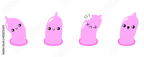 Condom cartoon characters set. Stop AIDS. Cartoon condoms. Safe sex, contraception. Cute kawaii emoji preservative. Vector illustration set isolation on a white background.