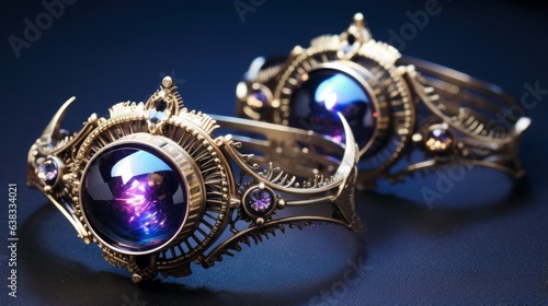Retro-futuristic jewelry with holographic gems and ornate mechanical patterns | generative ai
