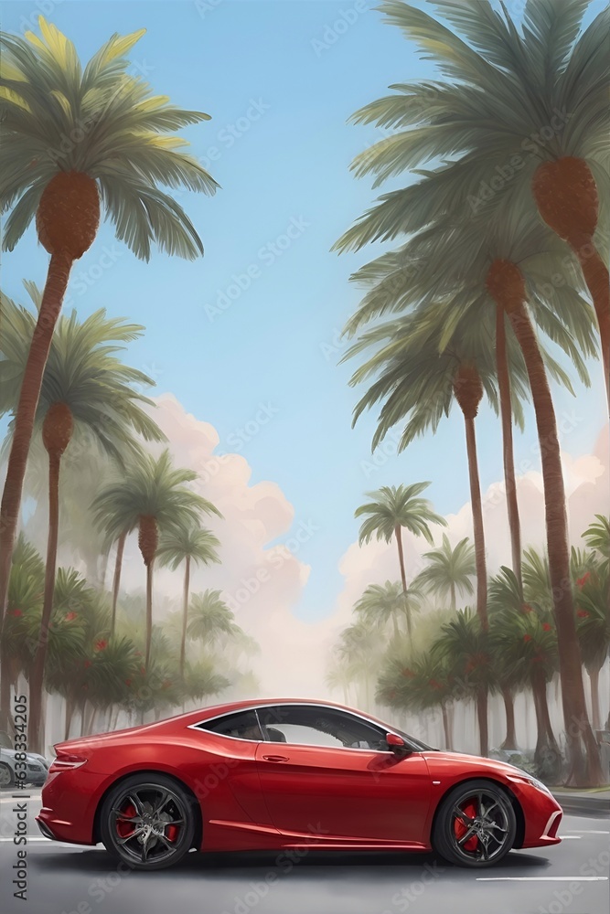 Modern car with palms on the background. AI generated illustration