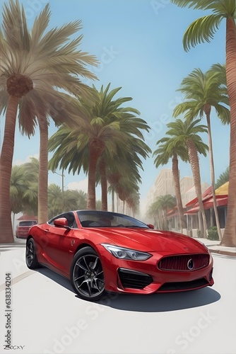 Modern car with palms on the background. AI generated illustration