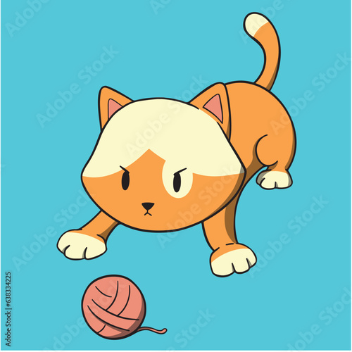 Kitty Playing With Ball Of Yarn Funny Cat Cute Kitten Cartoon Character