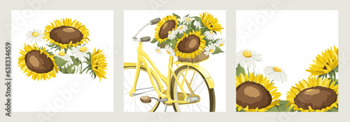 Collection of templates for postcards or invitations for a end summer holiday. Set of vector backgrounds with sunflower, chamomile and retro bike.