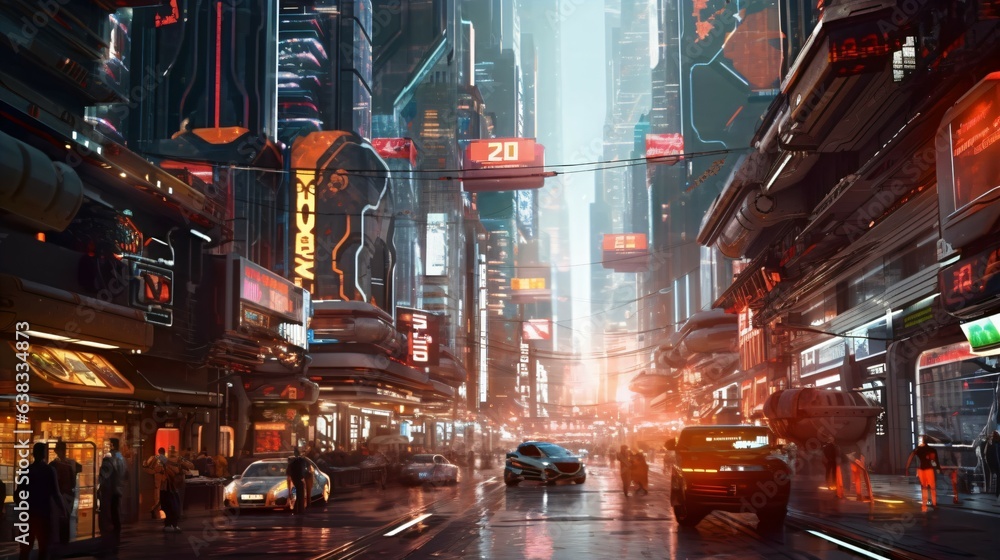 Futuristic Cityscape Sleek Skyscrapers, Neon Lights, and Flying Vehicles. Generative AI