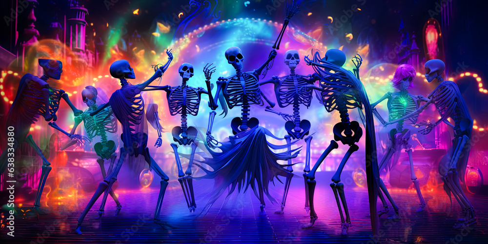 illustration of skeletons which dancing on Halloween disco party