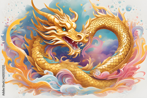 Bright cute gold Chinese dragon, vintage T-shirt design, 3D vector art, fantasy art, watercolor effect, digital painting,generative ai