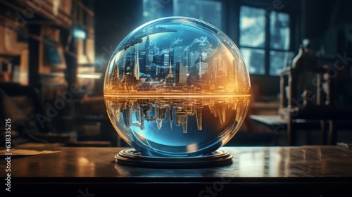 Crystal ball containing holographic scenes from an advanced civilization. | generative ai
