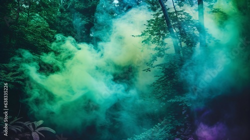 Tranquil Forest with Smoke Bombs and Backlighting Effects for Relaxation and Creativity. Generative AI