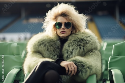 High end fashion model sitting in a monochromatic stadium with green seats wearing glasses and luxury black green fur jacket. 