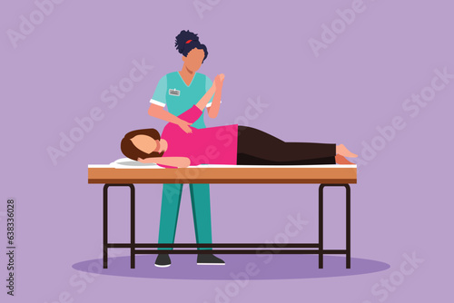 Graphic flat design draw woman patient lying on massage table therapist doing healing treatment massaging injured hand manual physical therapy rehabilitation concept. Cartoon style vector illustration